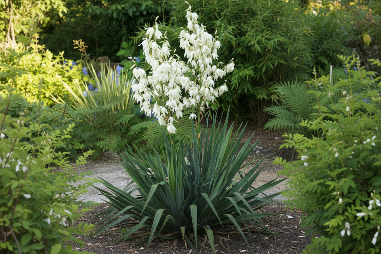 Yucca filamentosa bahçede çiçekli