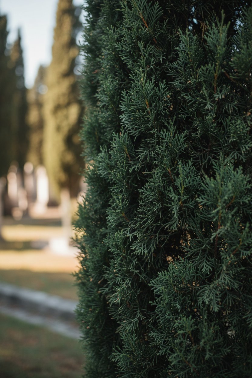 Kalem servi yaprak detayı koyu yeşil Cupressus sempervirens mezarlık servisi
