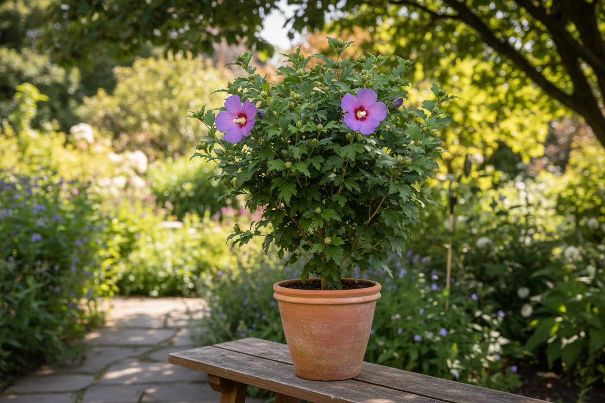 Ağaç hatmi mor çiçekler kil saksıda Hibiscus syriacus bahçe ortamında süs çalısı