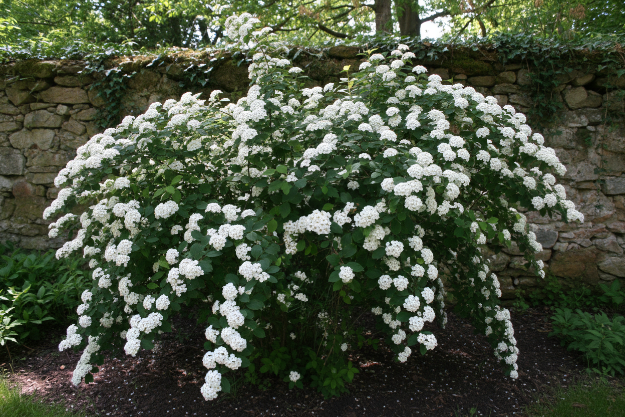 Keçi sakalı Spiraea vanhouttei duvar önünde beyaz salkım çiçekler gelişmiş çalı