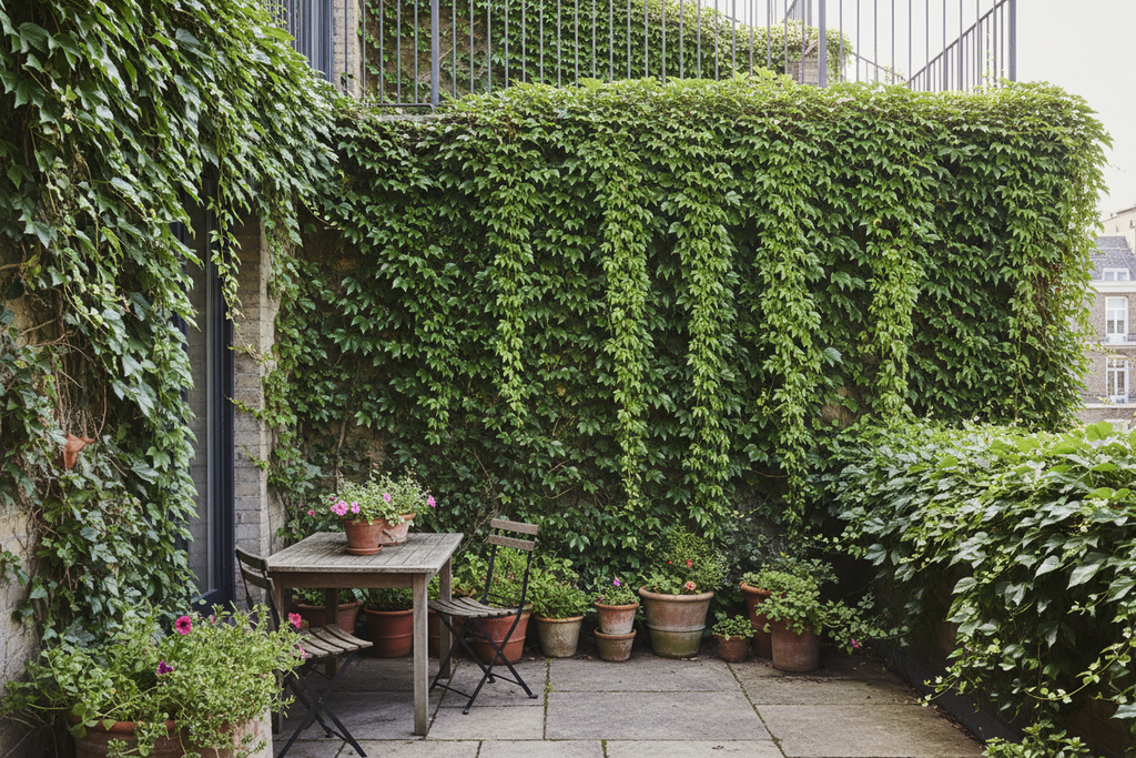 Duvar sarmaşığı bina terasında tırmanan Hedera helix yeşil yapraklar cephe kaplaması dayanıklı