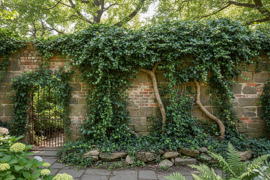 Duvar sarmaşığı bahçe duvarında tırmanan Hedera helix kaya duvar tırmanıcı bitki