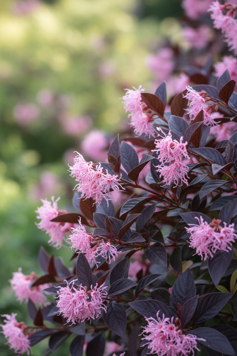 Loropetalum bordo yaprak pembe çiçek detayı yakın çekim mor yapraklı