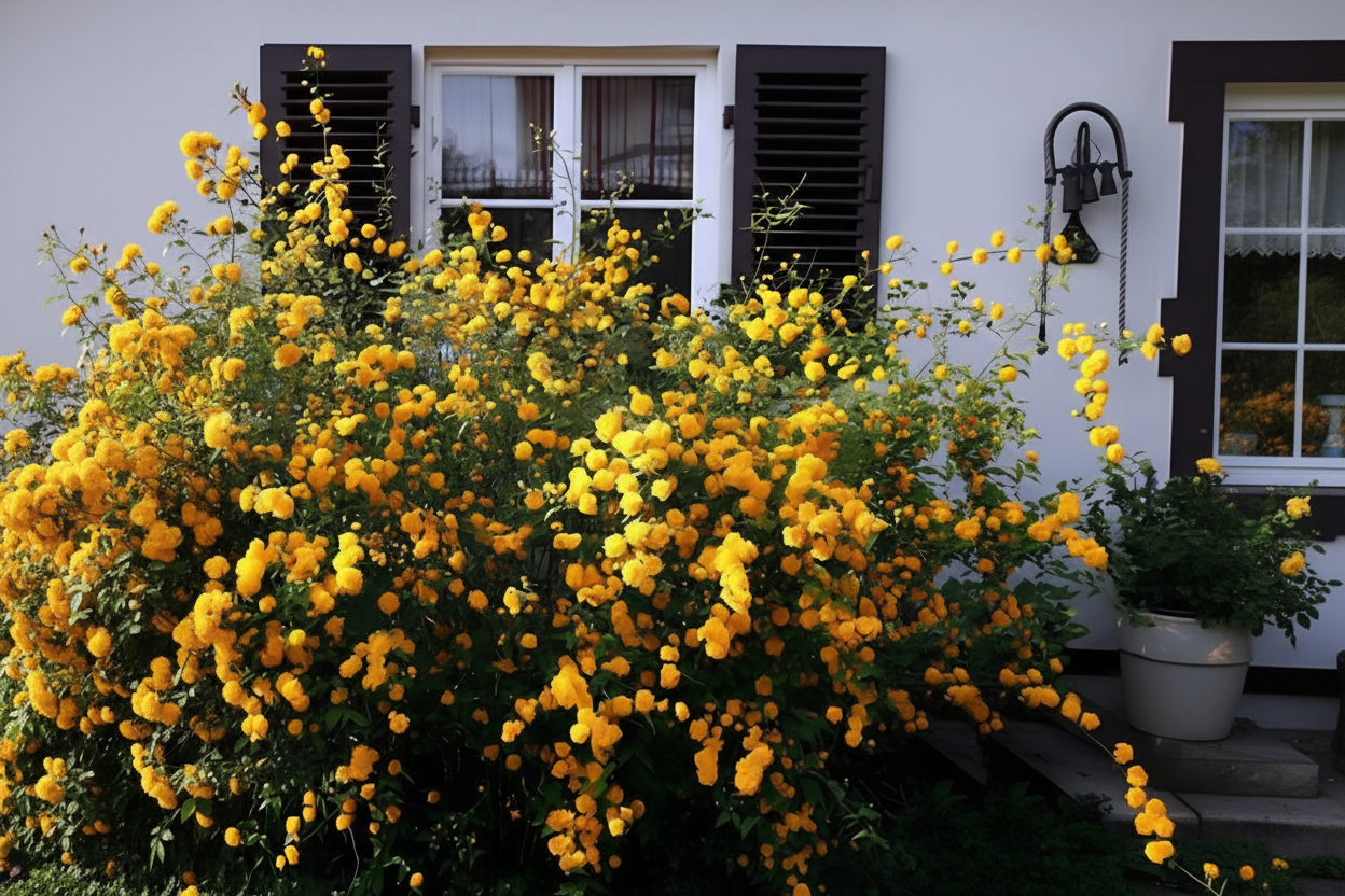 Kanarya gülü ev önünde bol çiçekli sarı turuncu Golden Gui yediveren gül