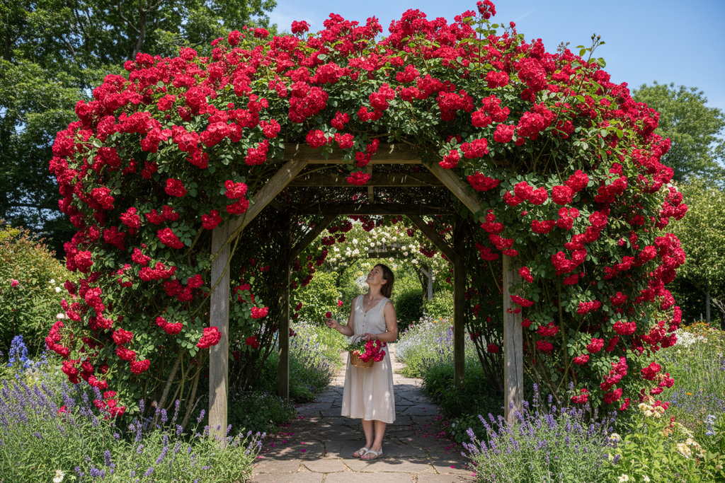 Çardak gülü pergola üzerinde tırmanan kırmızı güller bol çiçekli bahçe