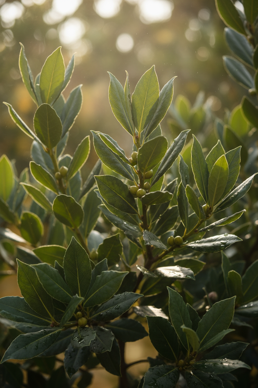 Defne yaprağı koyu yeşil parlak aromatik Laurus nobilis mutfak bitkisi
