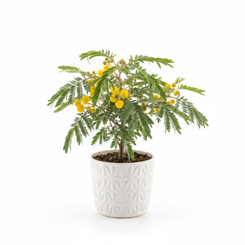 Mimoza fidanı küçük saksıda kompakt Acacia dealbata sarı çiçekli dekoratif saksı 2 yaş