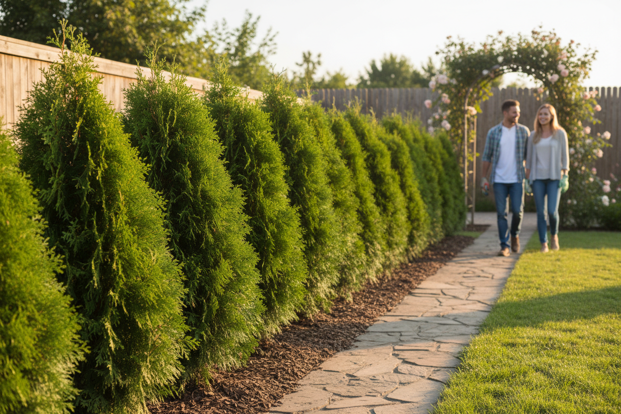Yeşil Leylandi çit sırası bahçede Cupressocyparis leylandii mahremiyet çiti hızlı büyüyen