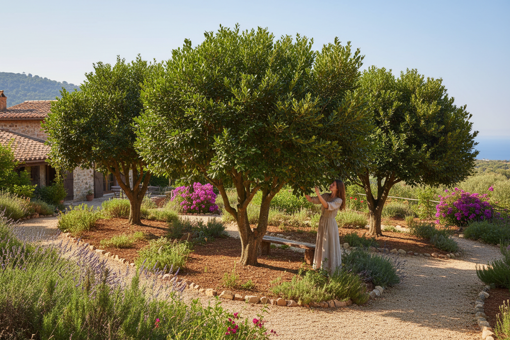 Defne ağacı bahçede büyümüş Laurus nobilis Akdeniz bitkisi aromatik yapraklar