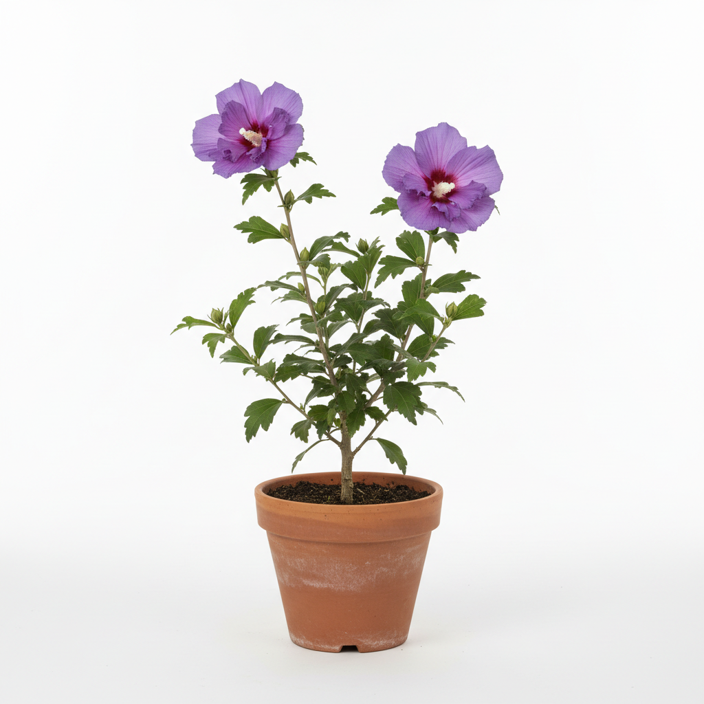 Ağaç hatmi fidanı 80 cm 2 dallı mor çiçekli Hibiscus syriacus kil saksıda 2 yaş