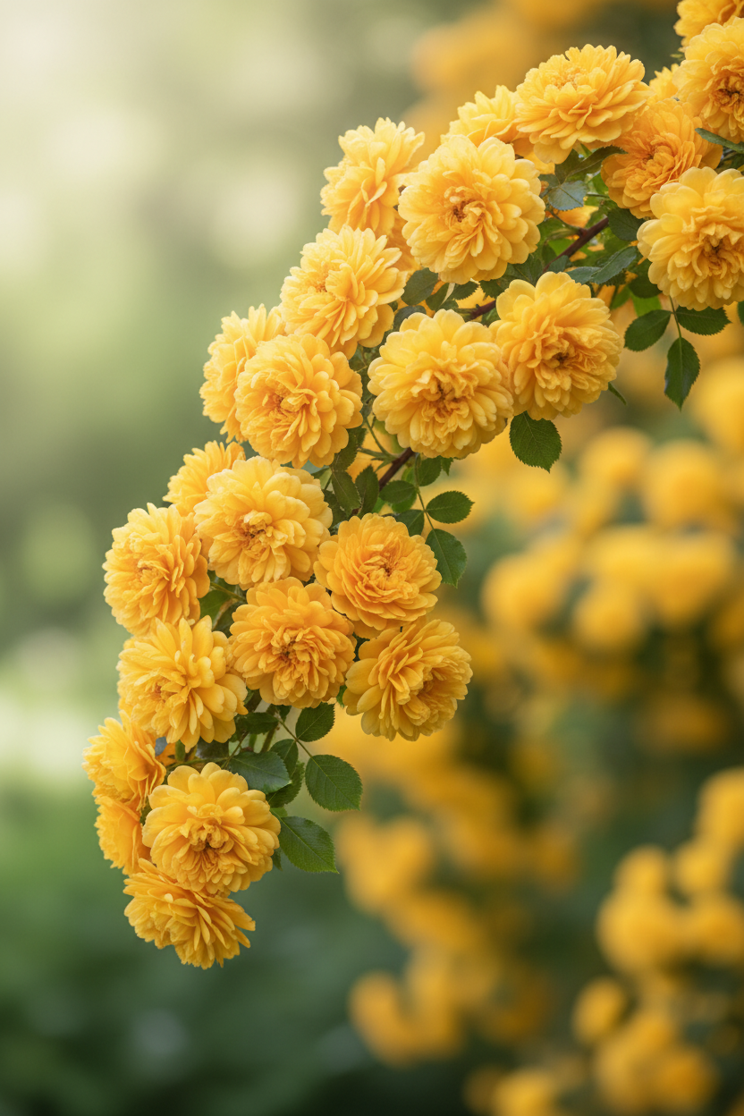 Kanarya gülü çiçeği sarı turuncu katmerli pompom dal üzerinde Golden Gui