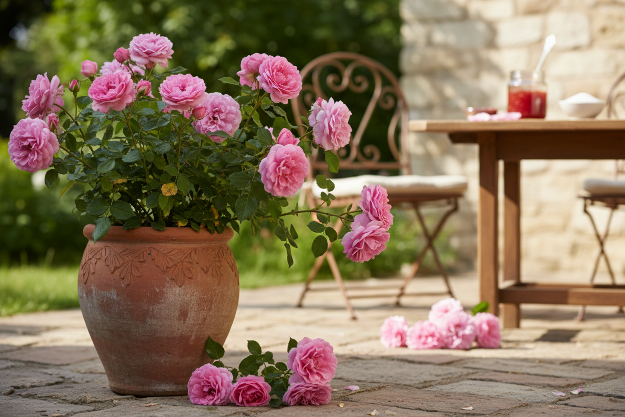 İsparta gülü kil saksı teras pembe kokulu dikensiz reçellik Türk gülü