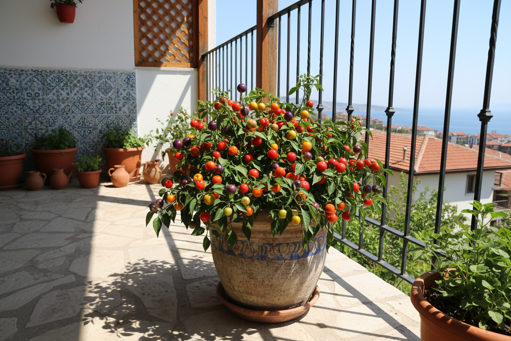Misket Biberi saksıda kullanım - balkon terası için dekoratif süs biberi