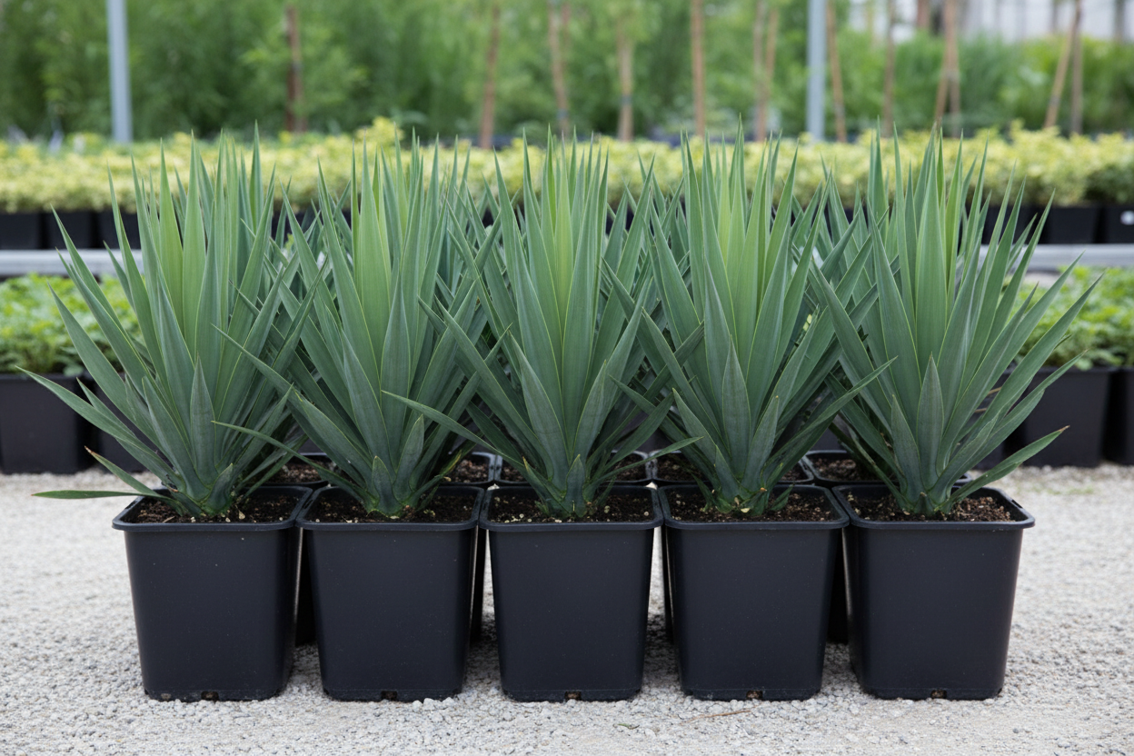 Yucca filamentosa yan yana saksılarda
