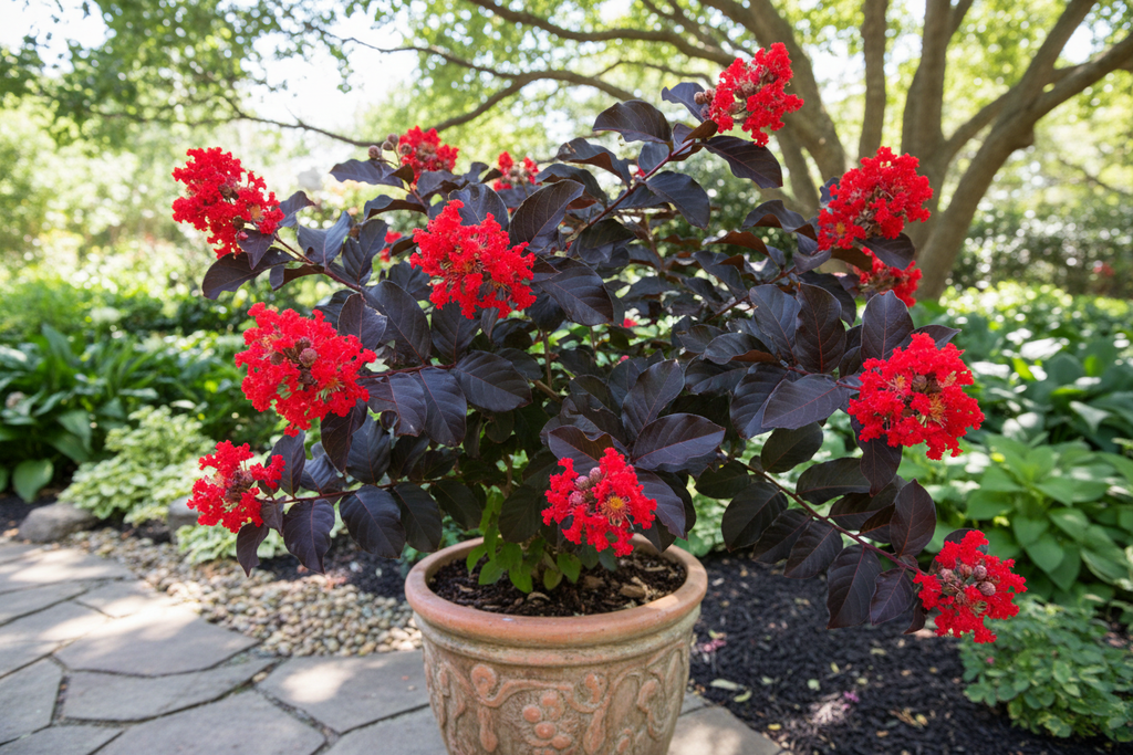 Black Diamond oya ağacı siyah yaprak kırmızı çiçek kontrast Lagerstroemia indica dekoratif