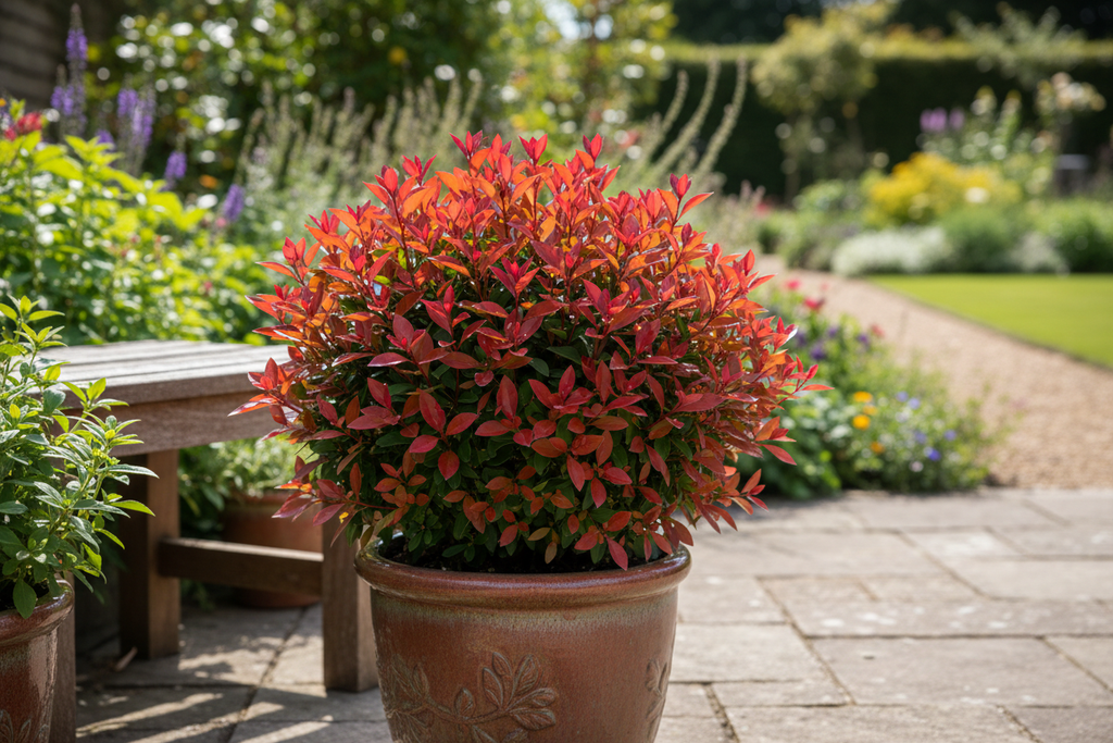 Bodur alev çalısı kırmızı süs bitkisi bahçe ortamında Photinia Red Robin dekoratif