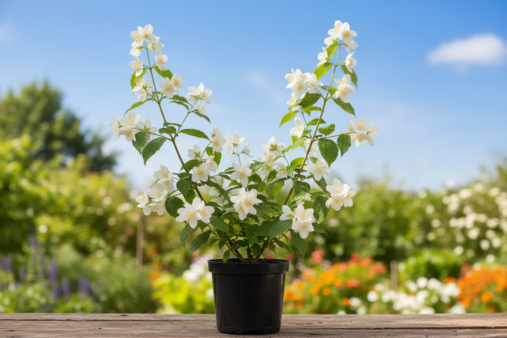 Filbahri çiçeği beyaz kokulu çiçekler bahçe ortamında yalancı yasemin Philadelphus coronarius