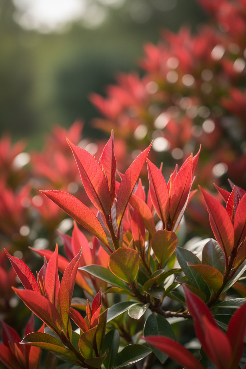 Alev çalısı yaprak kırmızı parlak yakın çekim Photinia Red Robin