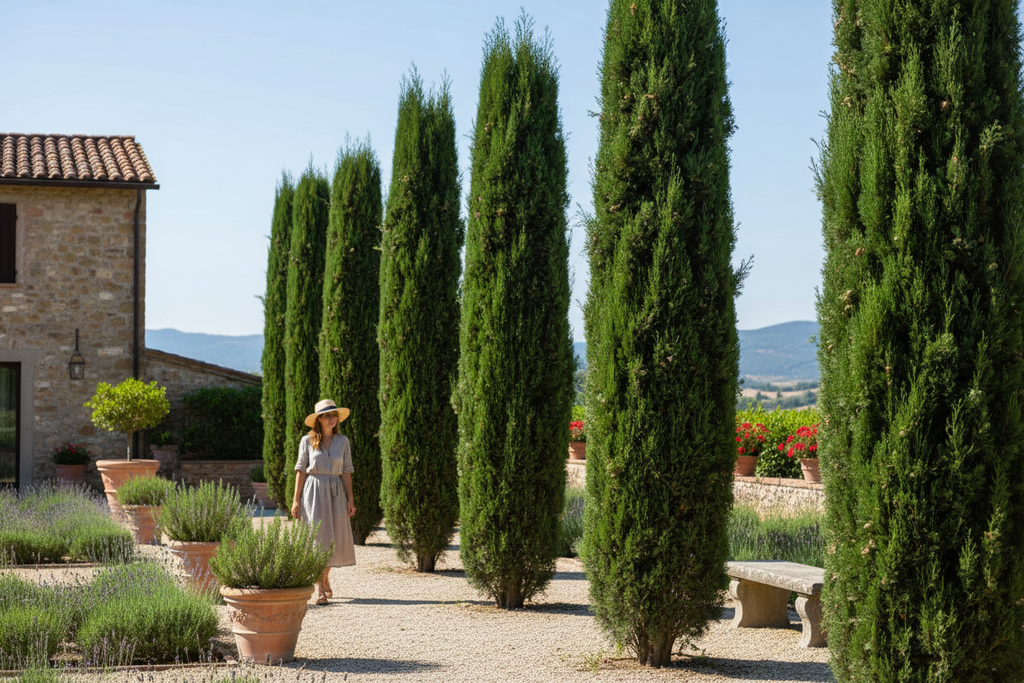 Kalem servi ince sütunsu form Cupressus sempervirens hızlı büyüyen çit bitkisi mezarlık servisi