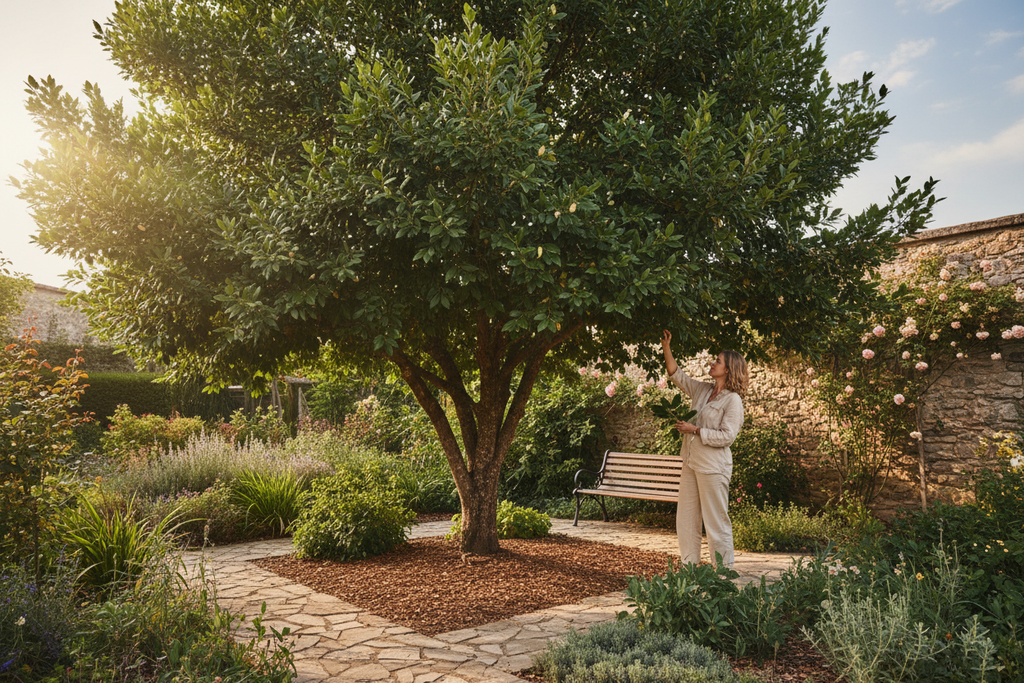 Defne ağacı bahçe ortamında Laurus nobilis koyu yeşil parlak yapraklar zarif