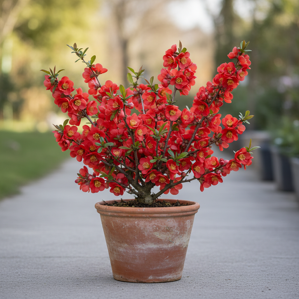 Japon Ayvası Bahar Dalı - Saksıda Tam Görünüm