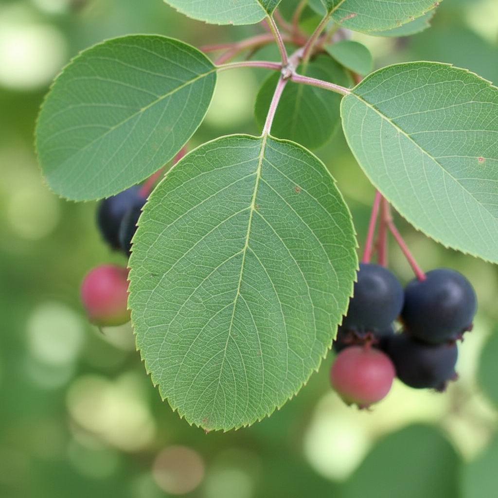 Saskatoon berry Northline fidanı yaprakları ve meyveleri ile estetik görüntü.