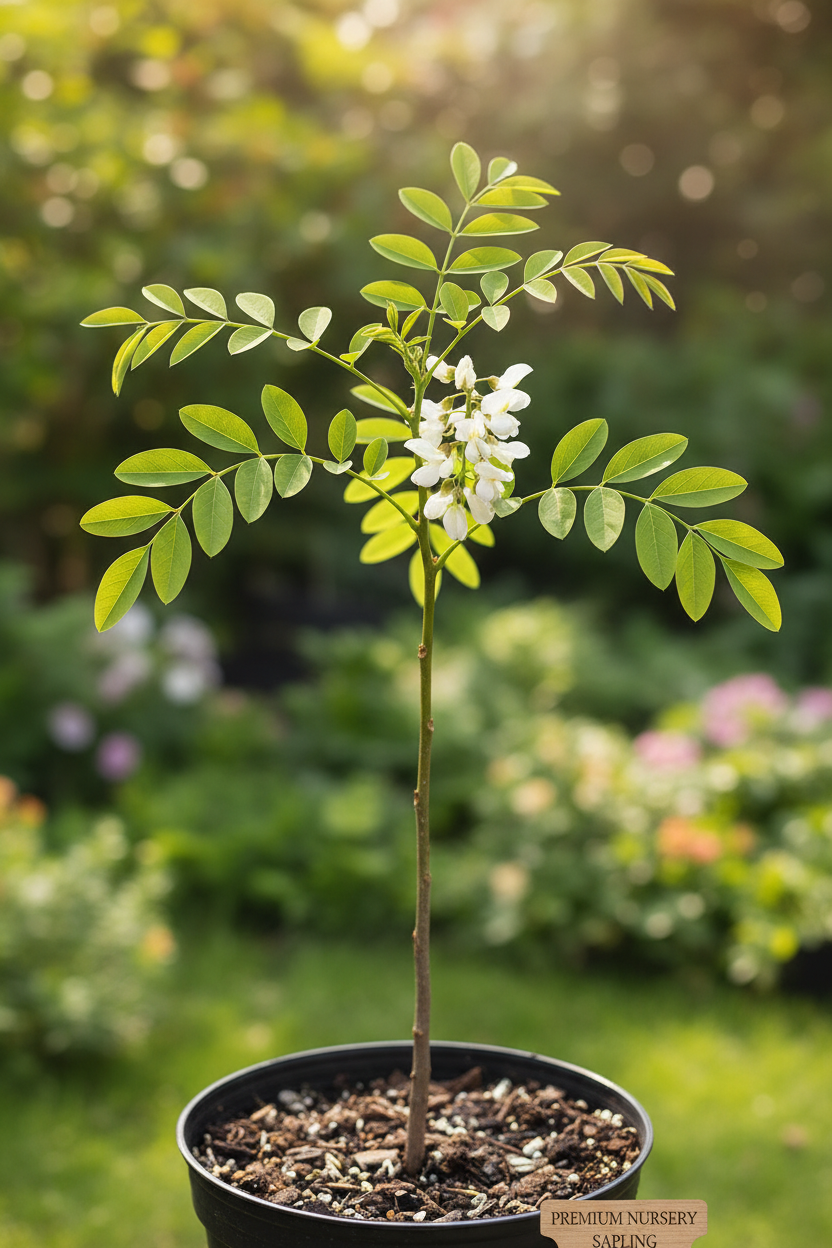 Yalancı Akasya Ağacı Fidanı 1 yaşında 1 dal etrafında yeni 3 sürgün 1 beyaz çiçek