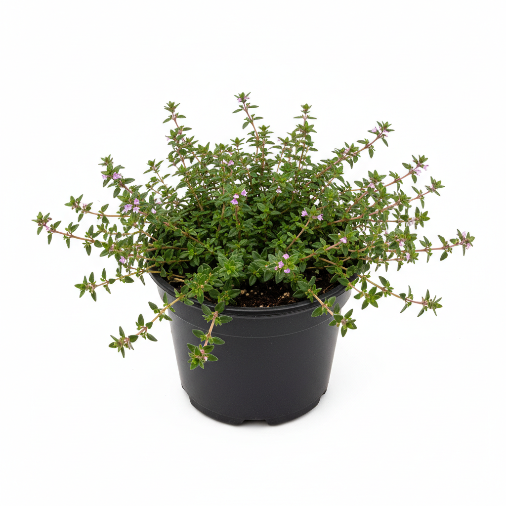 Yayılıcı kekik fidanı saksıda, aromatik yapraklı ve mor-pembe çiçekli.